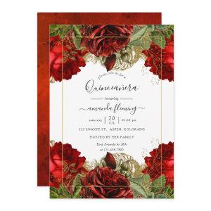 Burgundy Red and Gold Vintage Roses Quinceañera