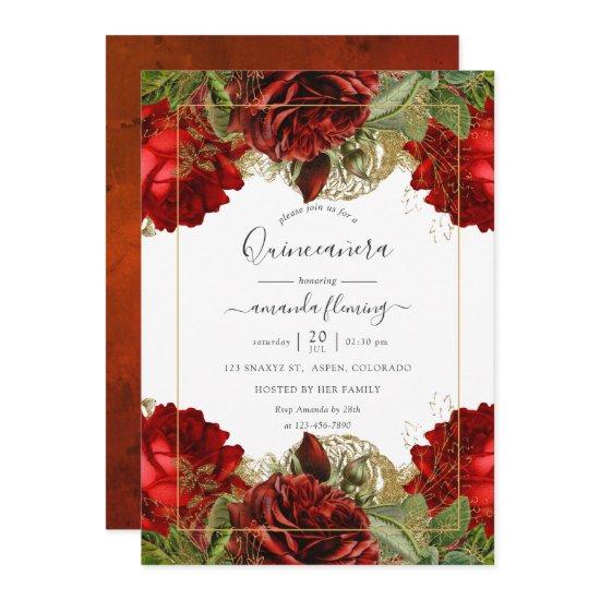 Burgundy Red and Gold Vintage Roses Quinceañera