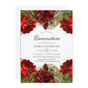 Burgundy Red and Gold Vintage Roses Quinceañera