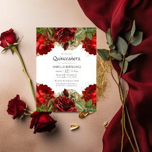 Burgundy Red and Gold Vintage Roses Quinceañera