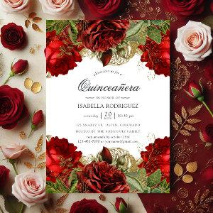 Burgundy Red and Gold Vintage Roses Quinceañera