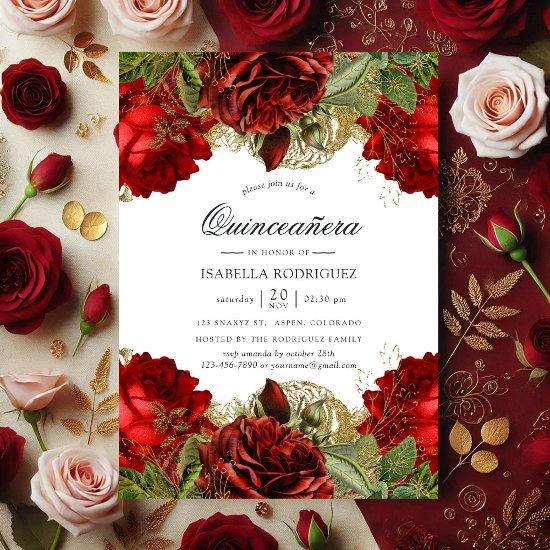 Burgundy Red and Gold Vintage Roses Quinceañera