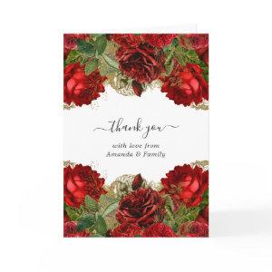 Burgundy Red and Gold Vintage Roses Quinceañera Thank You Card