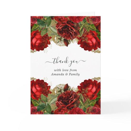 Burgundy Red and Gold Vintage Roses Quinceañera Thank You Card
