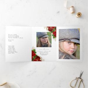 Burgundy Red and Gold Vintage Roses Quinceañera Tr Tri-Fold