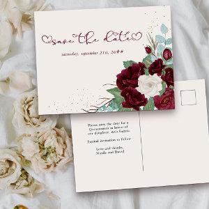 Burgundy Red and Ivory Rose Floral Save the Date Announcement Postcard