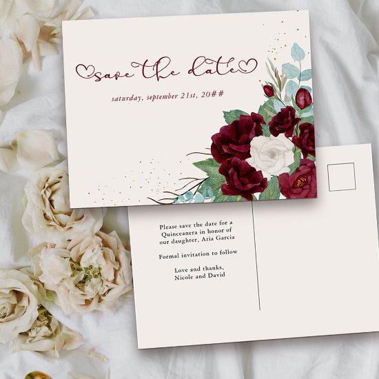 Burgundy Red and Ivory Rose Floral Save the Date Announcement Postcard