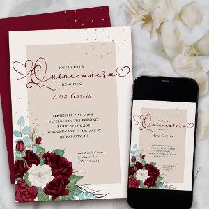 Burgundy Red and Ivory Roses Elegant Quinceanera