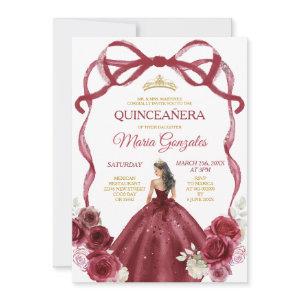 Burgundy Red Bow Princess Gold Crown Quinceañera