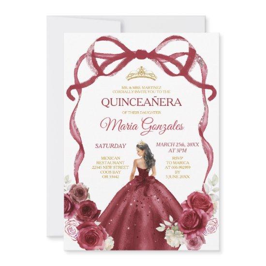 Burgundy Red Bow Princess Gold Crown Quinceañera