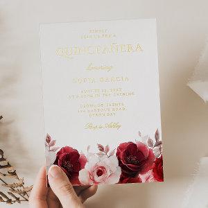 Burgundy Red Elegance Red Rose Quinceanera Gold Foil