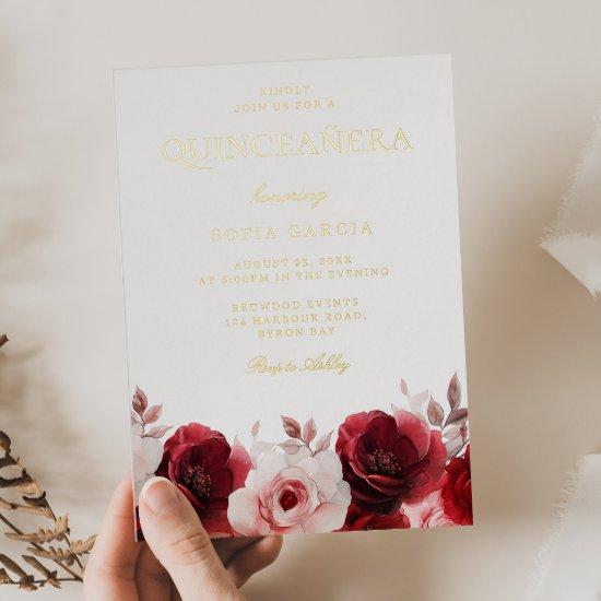 Burgundy Red Elegance Red Rose Quinceanera Gold Foil