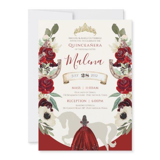 Burgundy Red Elegant Watercolor Charro Quinceanera