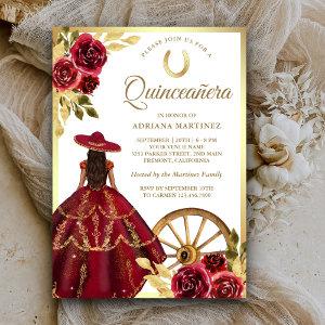Burgundy Red Floral Dress Charro Gold Quinceanera