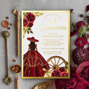 Burgundy Red Floral Dress Charro Quinceanera Gold Foil