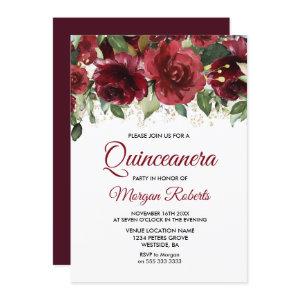 Burgundy Red Floral Gold Glitter Quinceanera Part