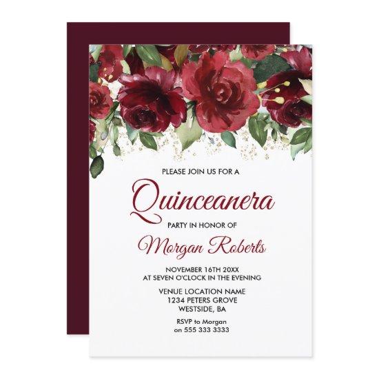 Burgundy Red Floral Gold Glitter Quinceanera Part
