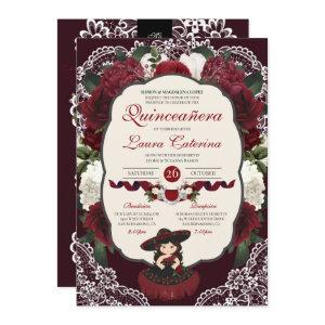 Burgundy Red Floral Lace Charro Quinceanera