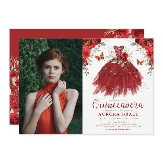 Burgundy Red Floral Quinceañera Princess Photo