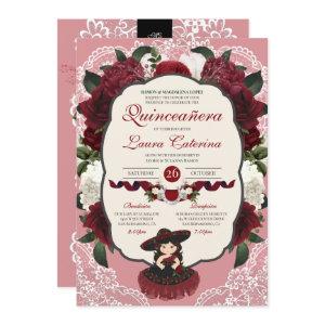 Burgundy Red Floral Rose Charro Quinceanera