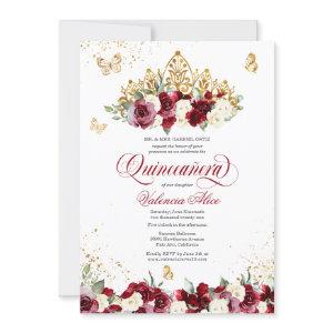 Burgundy Red Floral Tiara Butterfly Quinceanera