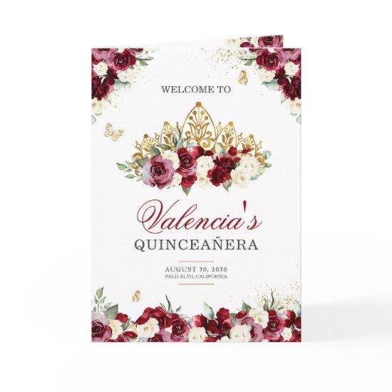Burgundy Red Floral Tiara Butterfly Quinceanera Program
