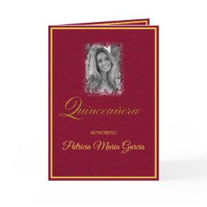 Burgundy red floral vines with photo quinceanera card