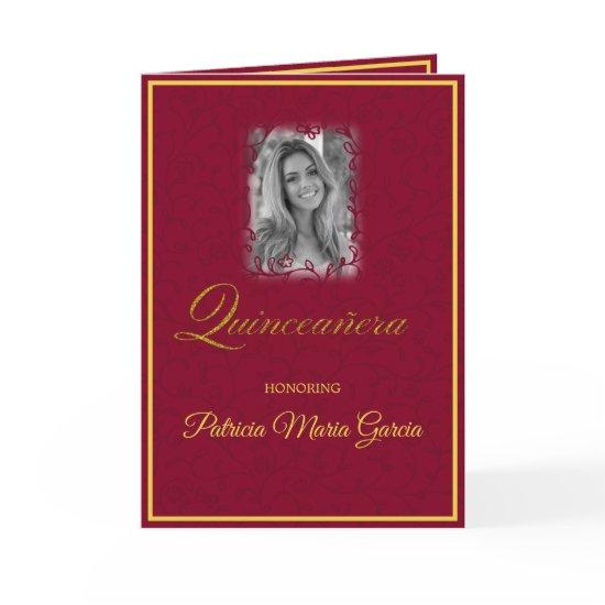 Burgundy red floral vines with photo quinceanera card