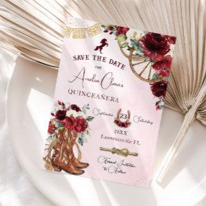 Burgundy Red Floral Wild West Charro Quinceañera  Save The Date