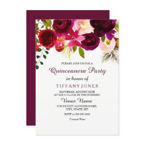 Burgundy Red Flower Quinceanera Party Invite