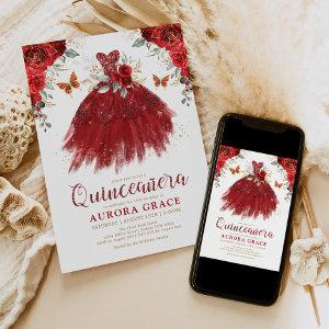 Burgundy Red Flower Quinceañera Princess Dress