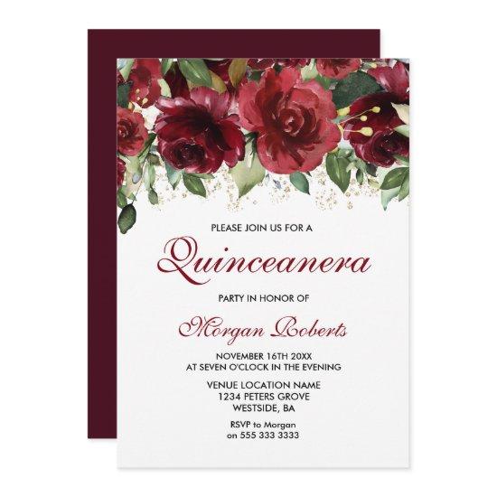 Burgundy Red Flowers Glitter Quinceanera Party