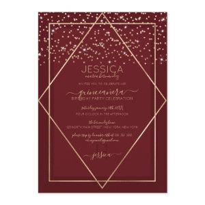 Burgundy Red Gold Confetti Border Quinceañera