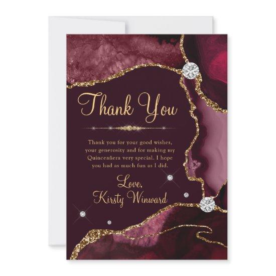 Burgundy Red & Gold Faux Glitter Agate Quinceanera Thank You Card