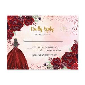 Burgundy Red Gold Floral Princess Quinceañera RSVP Postcard