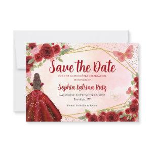 Burgundy Red Gold Floral Princess Quinceañera Save The Date