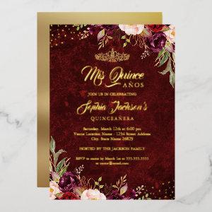 Burgundy Red Gold Floral Quinceanera  Foil