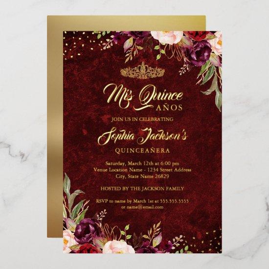 Burgundy Red Gold Floral Quinceanera  Foil