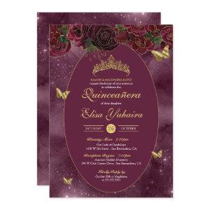 Burgundy Red Gold Luxury Butterfly Quinceanera