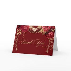 Burgundy Red & Gold Roses Elegant Charro Western   Thank You Card