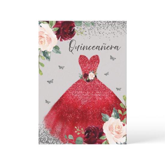 Burgundy Red Gown Dress Silver Gray Quinceanera