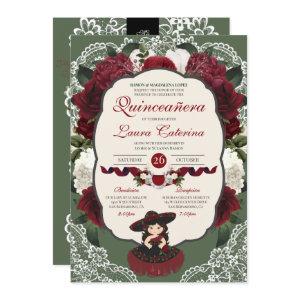 Burgundy Red Green Floral Rose Charro Quinceanera