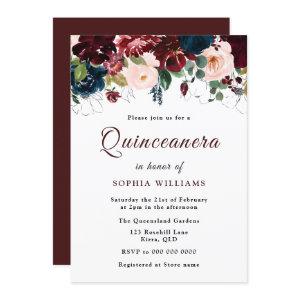 Burgundy Red, Navy Blush Floral Quinceanera Party
