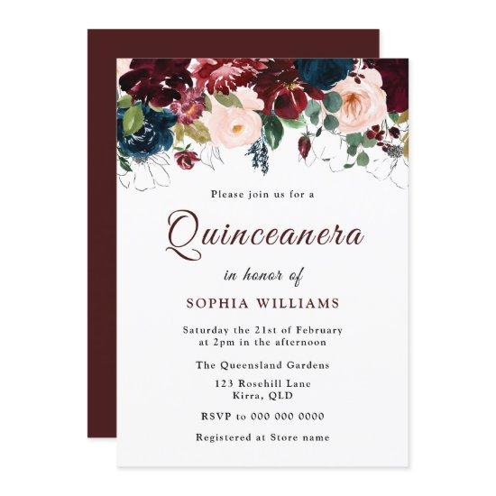 Burgundy Red, Navy Blush Floral Quinceanera Party