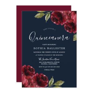 Burgundy Red & Navy Floral Quinceanera 15th Party