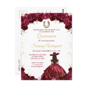 Burgundy Red Princess Floral Charro Quinceañera Postcard