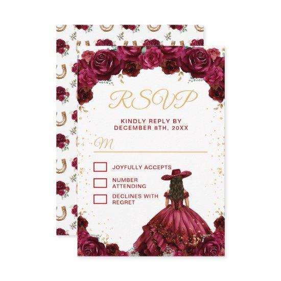 Burgundy Red Princess Floral Charro Quinceañera RSVP Card