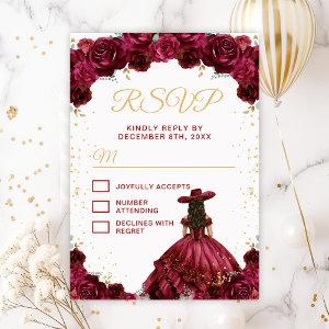 Burgundy Red Princess Floral Charro Quinceañera RSVP Card