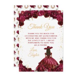 Burgundy Red Princess Floral Charro Quinceañera Thank You Card
