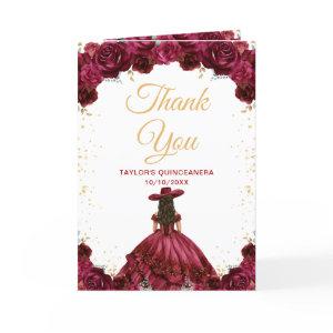 Burgundy Red Princess Floral Charro Quinceañera Thank You Card
